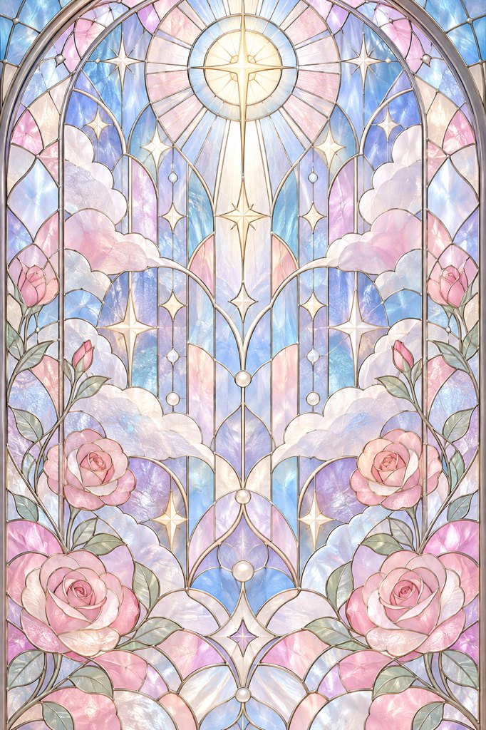 O vitral da capela, em rosa, lilás e azul